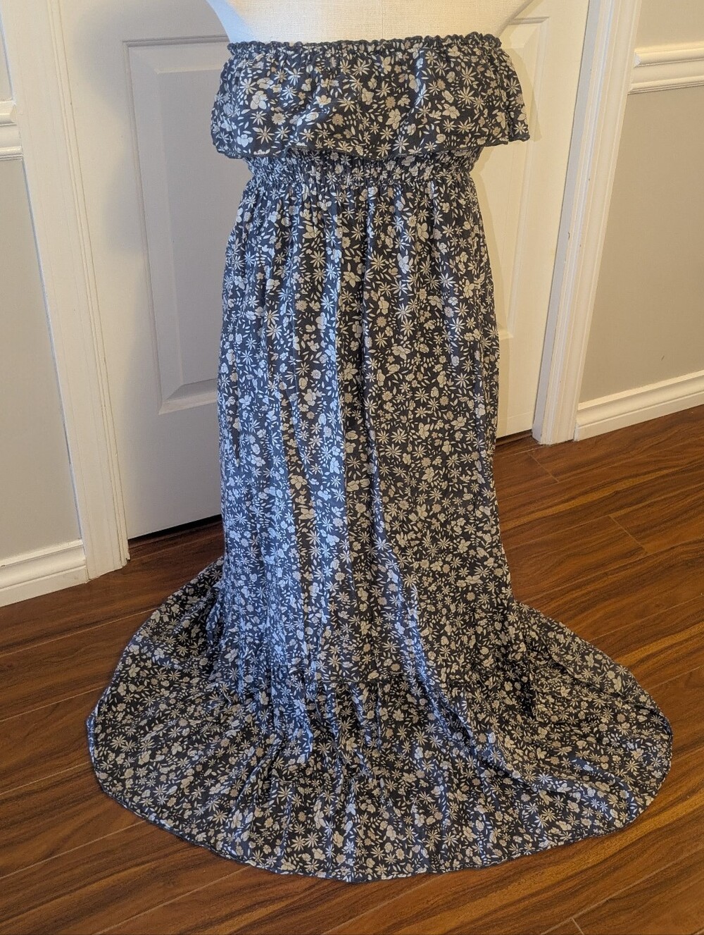 Strapless Smocked RuffledFloral Maxi Dress Designed in Australia, Silk/Cotton XS